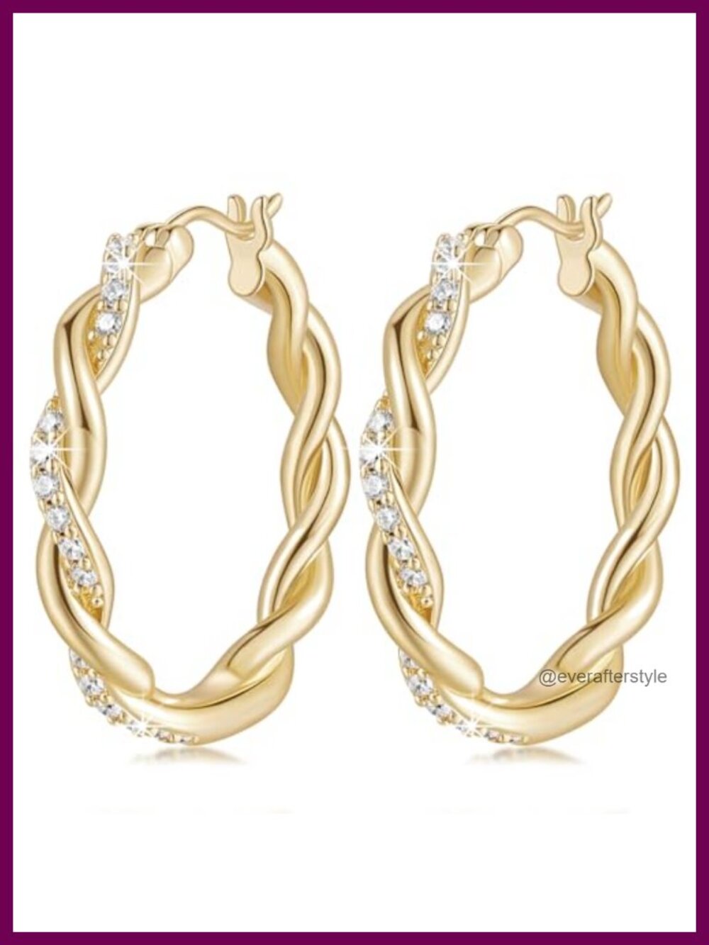 14k Gold Plated Hoop Earrings for Women, Twisted Cubic Zirconia Hinged Snap Back